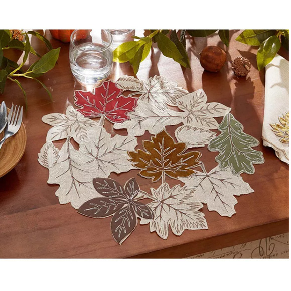 Elrene Harvest at Home Happy Fall Leaves Cutwork Fabric Round Placemat -Set of 4 - Picture 1 of 2